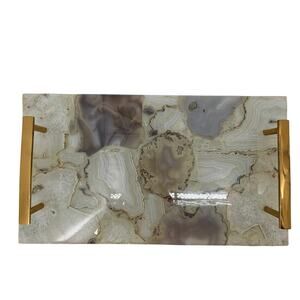 Jodhpuri Natural Agate Rectangular Tray w/ Brass Handles 14x8"